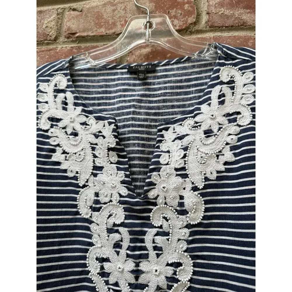 Talbots Womens Blue White Stripe Beaded Linen 3/4 Sleeve Petite XL PXL‎ Coastal